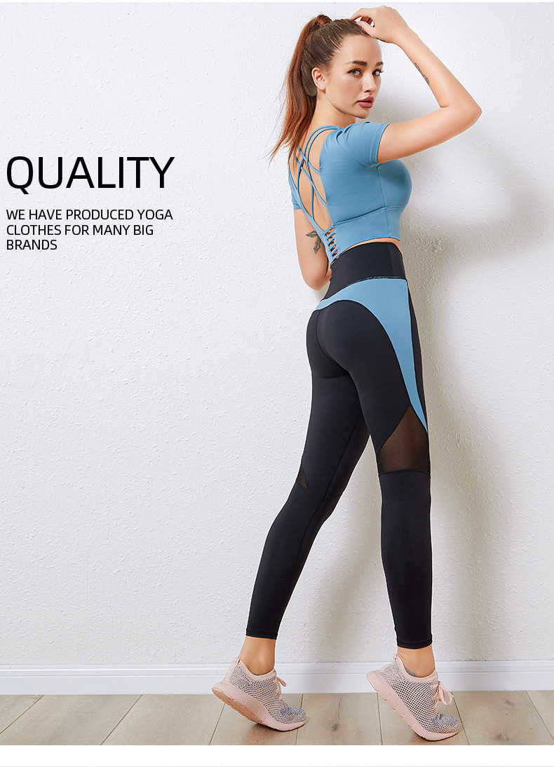 China Custom short sleeve sexy cross back gym top contrast color mesh  patchwrok high waist leggings women yoga active wear set factory and  suppliers